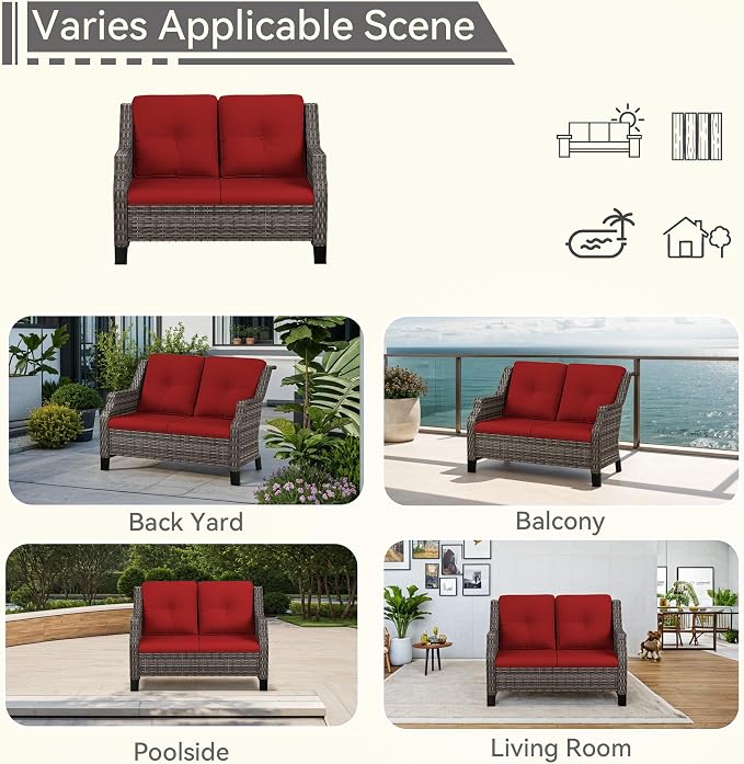 Patio Furniture Couch Outdoors, Rattan Wicker Loveseat with Deep Seating and Olefin Cushions, for Garden Porch Deck Balcony, Red