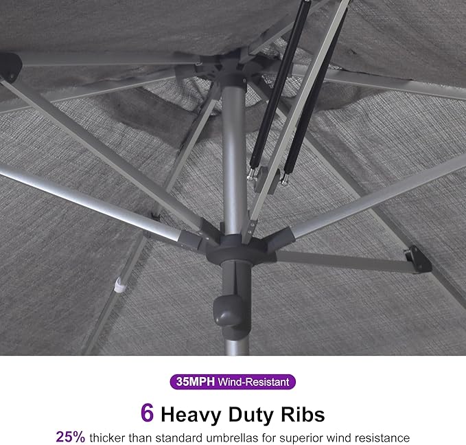 PURPLE LEAF 6 X 10 FT Semi-Auto Outdoor Patio Umbrella Market Table Sun Umbrellas with 6 Aluminum Sturdy Ribs for Backyard Deck Garden Pool (Silver Pole Gray Canopy)