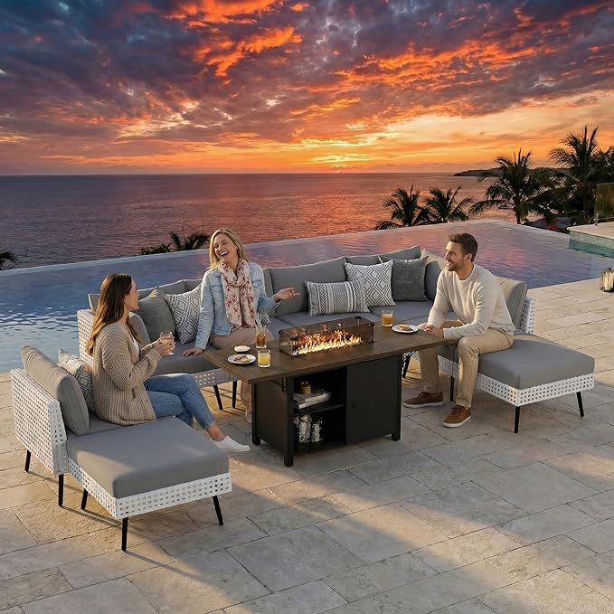 8 Piece Patio Furniture Set with Fire Pit Table (55" 50000BTU Propane), Patio Sectional with Upgraded Cationic Fabric Cushions & Outdoor Open Weave Wicker for Garden, Poolside, Backyard