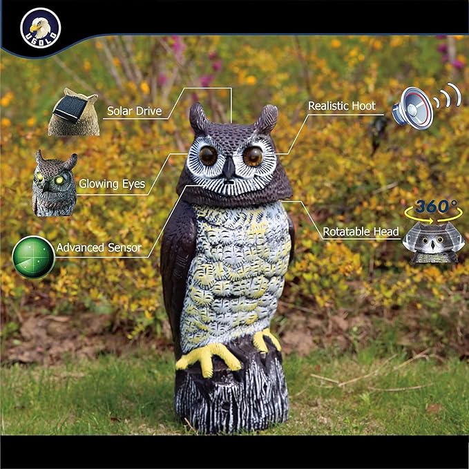 Solar Powered Owl with Motion Detection, Silent Mode, Flashing Eyes, Rotatable Head and Realistic Hoots, Plastic Owl Decoration for Home, Garden, Patio and Fence