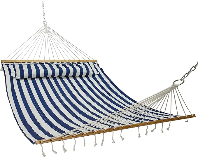 Sunnydaze Quilted Outdoor Hammock with Spreader Bars - Heavy-Duty 450-Pound Capacity Double Hammock for Outside - Blue and White Stripe