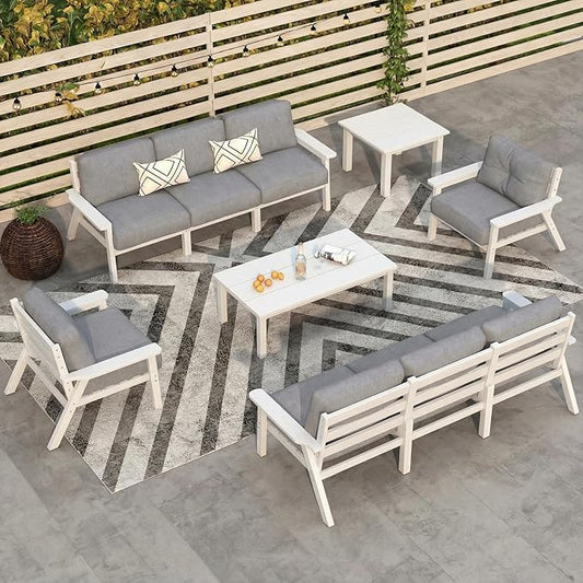 10 Piece Outdoor Patio Furniture Set, Outdoor Couch with Washable Thick Gray Cushions, Coffee Table & Side Table, Patio Conversation Sets for Lawn, Garden, Porch, Balcony (White Frame)