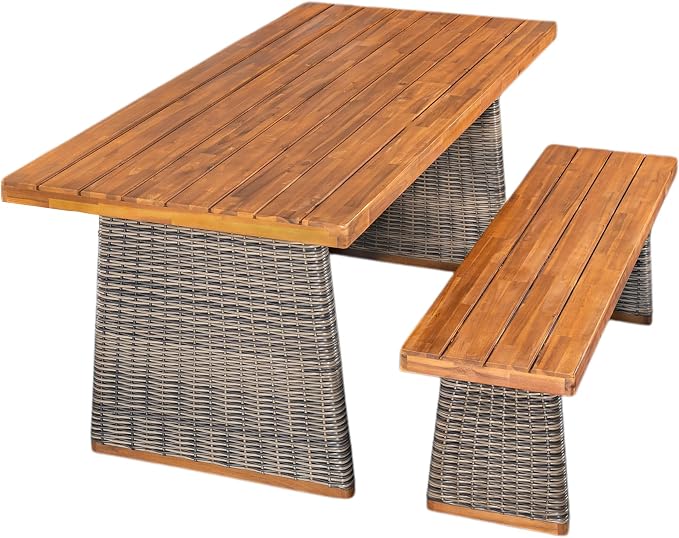 Christopher Knight Home Xavi Patio Acacia Wood Dining Set, Outdoor Side Table and Chairs Set with Slatted Panel Design and Handwoven Rattan Legs, Outdoor Furniture Set for Garden, 2 pcs, Grey + Teak