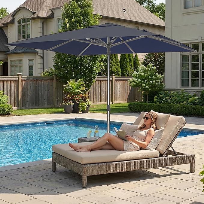 PURPLE LEAF 10 X 10 FT Commercial Square Patio Umbrella Semi Auto Heavy Duty 1.9" Aluminum Pole Wind Resistant Ribs for Restaurant Cafe Outdoor Dining Beach Bar Hotel Pool Resort Garden Deck Navy Blue