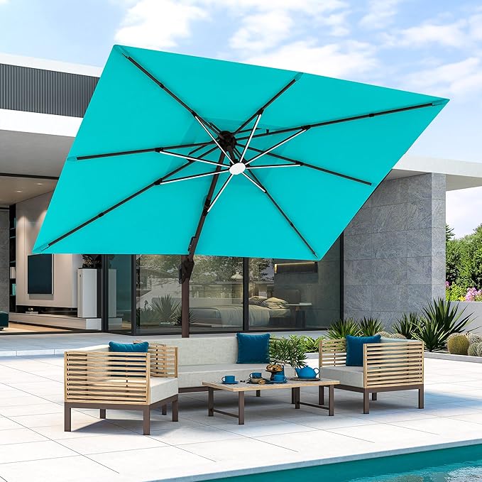 JZAC & QZYD 9x12 FT Outdoor Cantilever Patio Umbrella with LED Lights, Large Heavy Duty 2-Tier Aluminum Offset Umbrellas with 360-Degree Rotation for Pool Deck, Turquoise