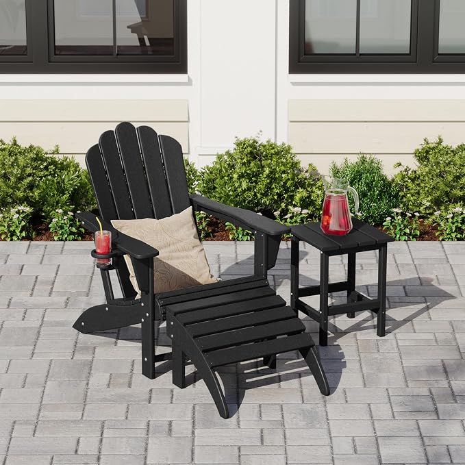 Costaelm Lakeview 3-Piece Adirondack Chair with Cup Holder and Folding Ottoman and Table Set, Black