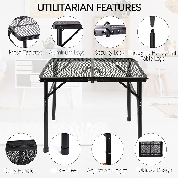Portable Small Folding Table, Metal Camping Grill Table for BBQ, Picnic & Patio, Lightweight Foldable Outdoor Side Table, 23” x 15”
