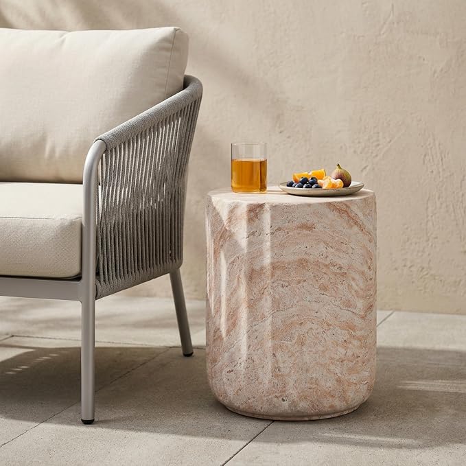 Outdoor Side Table Concrete Side Table Faux Marble End Table Stone Side Tables Patio Small Coffee Tables Travertine Garden Stool Plant Stand for Porch, Backyard Patio, Cylinder