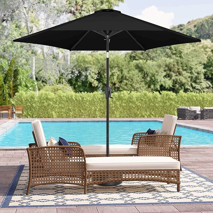 10ft Patio Umbrella Outdoor - Table Umbrella with 6 Sturdy Ribs, Market Umbrella with Push Button Tilt, UV Protection for Pool, Porch, Garden, Deck, Backyard (Black)
