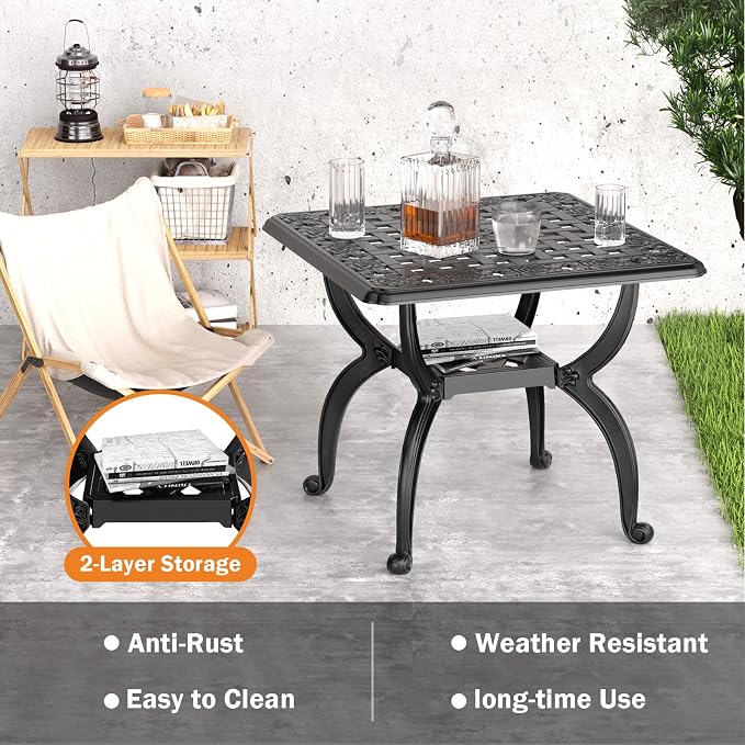 21" Patio Bistro Table, Cast Aluminum Side Table, Outdoor End Table for Garden/Yard/Pool/Porch, Black