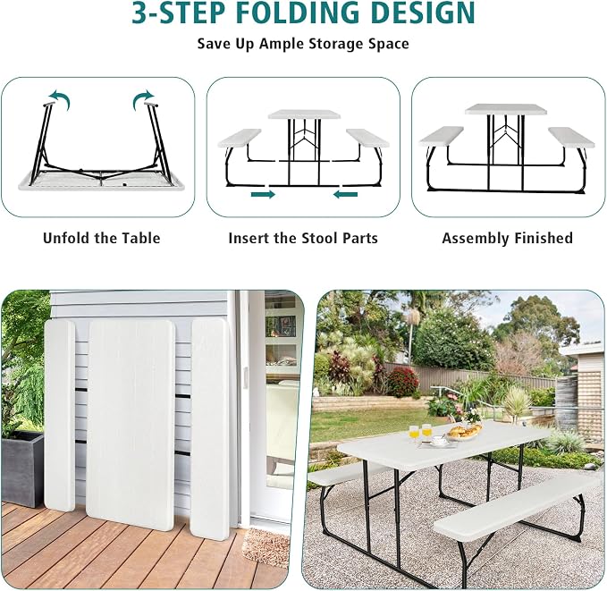 S AFSTAR Folding Picnic Table, Plastic Picnic Table with 2 Benches, Outdoor Foldable Table and Bench with Steel Frame & Wood-Like Texture Tabletop, Camping Chair Set for Garden Patio Lawn(White)