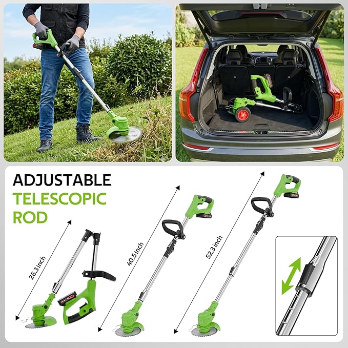 Electric Weed Wacker, Cordless Weed Eater Lightweight Grass Trimmer – 2x2.0Ah Batteries, 60-120 Min Runtime, 2 Types of Blades + Wheels for Garden & Yard Lawn