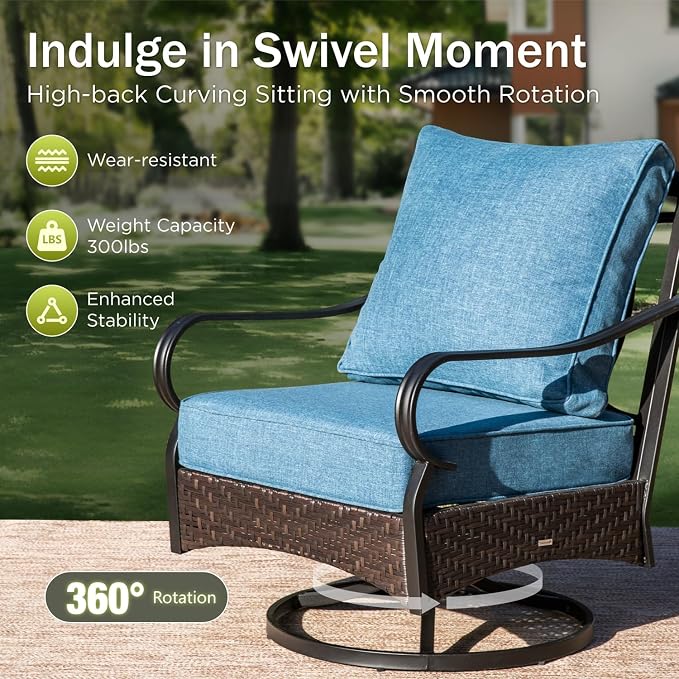 PHI VILLA Patio Furniture Set, Upgraded Wicker & Metal Modern Outdoor Conversation Sets Patio Sectional Swivel Chair Set with Coffee Table & Waterproof Thick Cushions for Porch, Deck(6 Pieces, Navy)