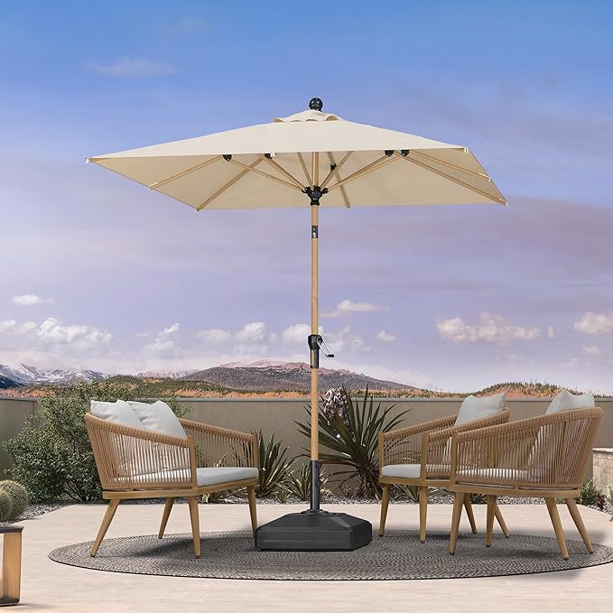 PURPLE LEAF 6.5' x 6.5' Square Patio Umbrella Market Umbrella Aluminum Outdoor Table Umbrella with Push Button Tilt & 8 Sturdy Ribs and Crank Commercial Sun Umbrella for Pool Backyard Deck, Beige