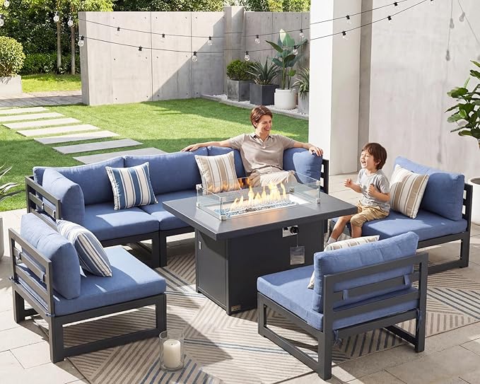 NICESOUL 6 Seat Modern Aluminum Patio Furniture Set with Fire Pit Table, 500lbs Heavy Duty Outdoor Sectional Sofa, 29" Deep Wide Oversized Seating L Shaped Conversation Couch for Garden, Denim Blue
