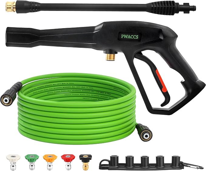 PWACCS Pressure Washer Gun and Hose Kit, 25 FT Power Washer Hose with Replacement Lance Wand, 5 Nozzle Tips, M22-14 Fitting, Compatible with Ryobi, Green Works & Karcher