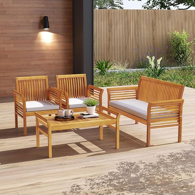 HAPPYGRILL 4 Pieces Acacia Wood Patio Conversation Set, Outdoor Wood Furniture Set with Seat Cushions, Wicker Sofa Chairs & Coffee Table for Garden Poolside Deck (1)