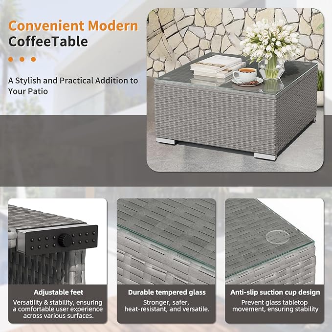 Oakcloud 8-Piece Outdoor Patio Furniture Sofa Set with 45” Propane Gas Fire Pit Table, Grey Rattan Wicker Sectional Conversation Sets with Glass Top Tables and Cushions(Grey, w/Fire Pit Table)