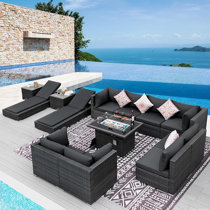 NICESOUL 13 Piece Outdoor Seating with Fire Pit Table, High-End Wicker Patio Furniture Set with Chaise Lounge, Comfy 29.3'' High Back Deep Sectional Sofa, All-Weather Backyard Sitting Area, Dark Grey