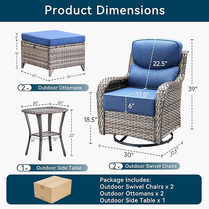 Luxury 5 Pieces Outdoor Patio Furniture Set-All Weather Wicker Outdoor Furniture with Swivel Rocker Patio Chairs 6-inch Extra Thick Cushions Wicker Conversation Set for Garden Porch(Grey/Blue)