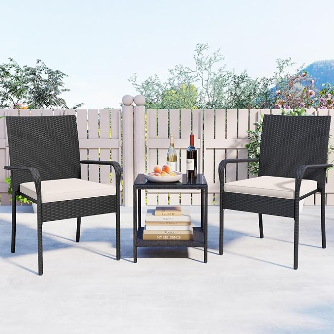 Tangkula 3 Pieces Patio Furniture Set, PE Rattan Outdoor Cushioned Conversation Chairs with 2-Tier Tempered Glass Tabletop Table, for Balcony, Garden and Poolside (Off White)