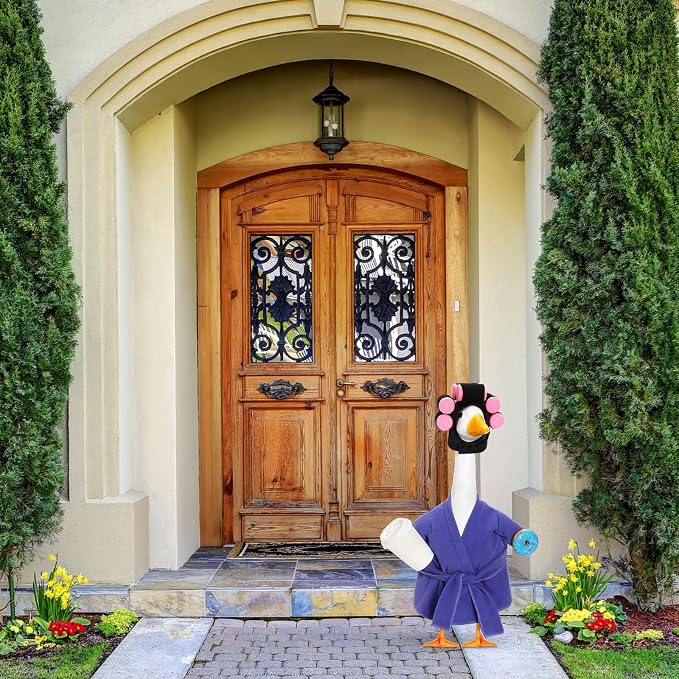 Shyyween Lady Porch Goose Outfit 23 Inch Purple Robe Goose Clothes with Curlers and Coffee Cup Porch Geese Accessories for Cement/Plastic/Concrete Statue Outdoor Yard Decoration
