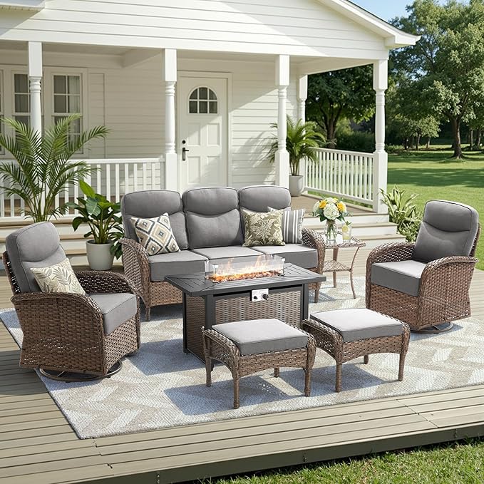 Luxury Patio Furniture Set with 42.5" Fire Pit Table, 6-Inch Thick Cushions Wicker Outdoor Furniture with Wicker Swivel Patio Chairs Set of 2, Patio Conversation Set for Deck Garden Porch, Gray