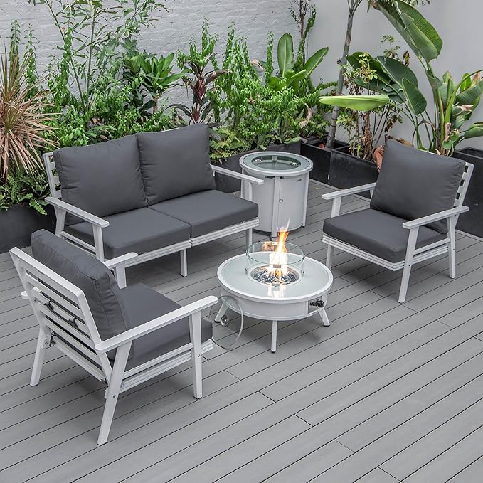 LeisureMod Walbrooke Modern Aluminum 5-Piece Patio Conversation Set with Outdoor Round Firepit Table & Side Table Tank Holder (Charcoal)