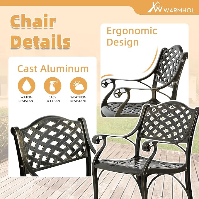 9-Piece Patio Furniture Dining Set, All Weather Cast Aluminum Outdoor Conversation Set- 8 Chairs & 61" Round Patio Dining Table with Detachable Lazy Susan, 2" Umbrella Hole, Dark Bronze