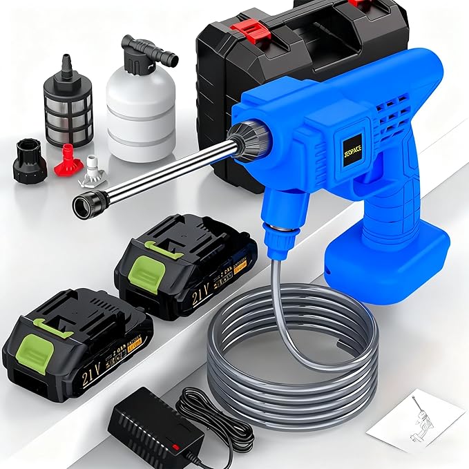 Cordless Pressure Washer, 21V, 2 Batteries, Charger, Hose, Accessories Included, 15000 r/min, Portable Power Washer (Blue Water Gun - Toolbox - Powerful Battery*2)