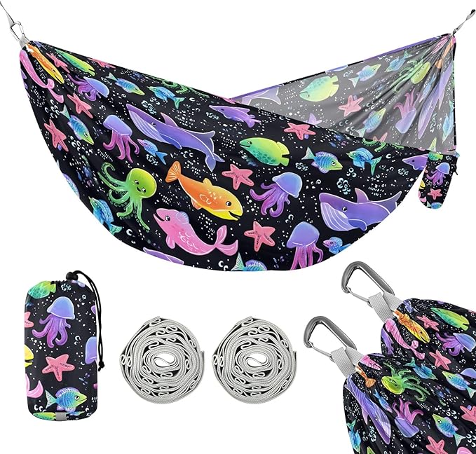 Camping Hammock Outdoor Hammocks for Outside Cute Marine Animal Beach Trees Portable Lightweight with Pockets Tree Straps Indoor