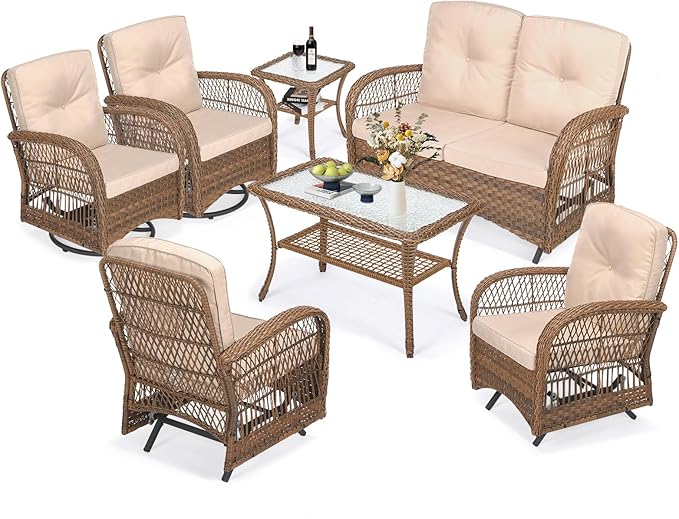 MEETWARM 7 Pieces Outdoor Patio Rattan Furniture Sets, All Weather Patio Wicker Conversation Set- 2 Rocking Glider, 2 Swivel Chairs, 1 Loveseat Glider with Cushions, 2 Glass-Top Coffee Table, Beige