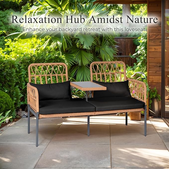 PROHIKER Patio Furniture Outdoor Rattan Loveseat 2-Seat with Built-in Table, Lumbar Pillows and Cushions, All-Weather Wicker Loveseat Porch Chairs for Balcony, Lawn, Backyard