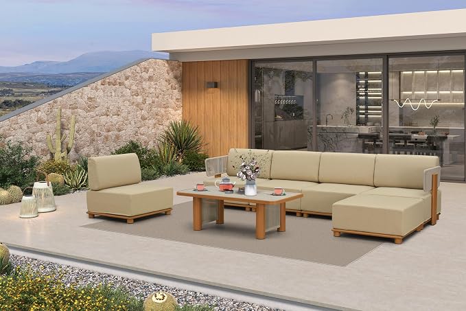 PURPLE LEAF Patio Furniture Set Modular Open-End Outdoor Sectional Sofa with 11" Thick Olefin Cushion 7-Piece Outdoor Conversation Set w/White Lights & Ottoman for Poolside Table Included, Beige