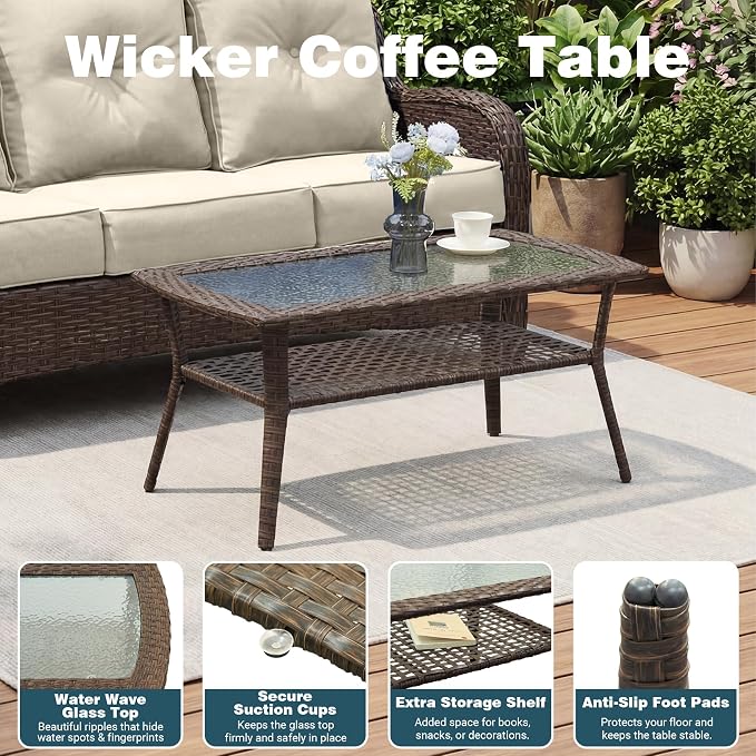 Patio Furniture Set, 2PCS Outdoor Wicker Conversation Set with 6" Thick Cushions, High Back Rattan Sofa, Weather Resistant Olefin Fabric for Garden, Poolside, Beige