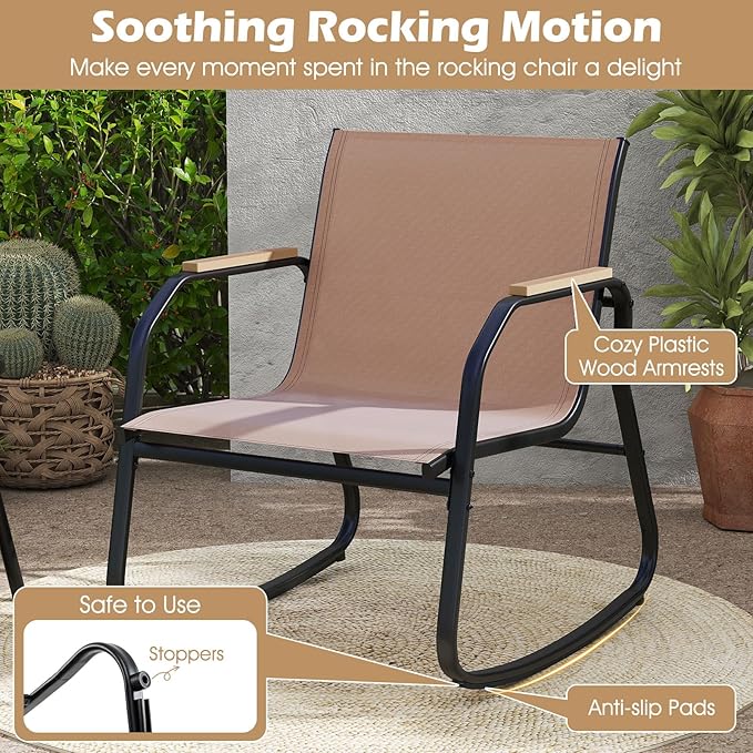 Tangkula 8 Pieces Patio Furniture Set with 2 Rocking Bistro Chairs, Outdoor Conversation Set with 2-Tier Coffee Table and Breathable Fabric Chairs for Porch, Garden, Lawn and Backyard (2, Brown)
