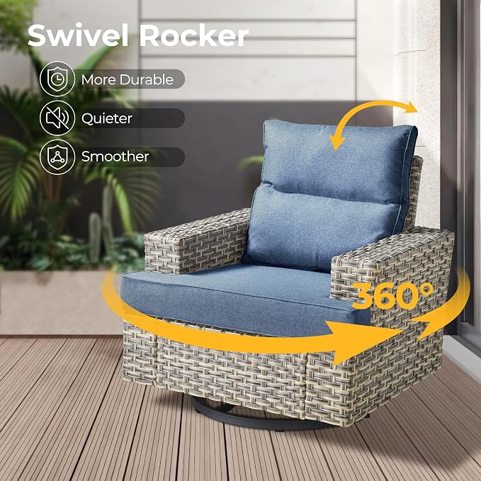 HOOOWOOO Outdoor Sectional Patio Furniture Set with Fire Pit Table,15 Pieces Wicker Conversation Sets L Shaped Couch,Extra Deep Out Door Sofa Outside Furniture with Swivel Chair Ottoman,Denim Blue