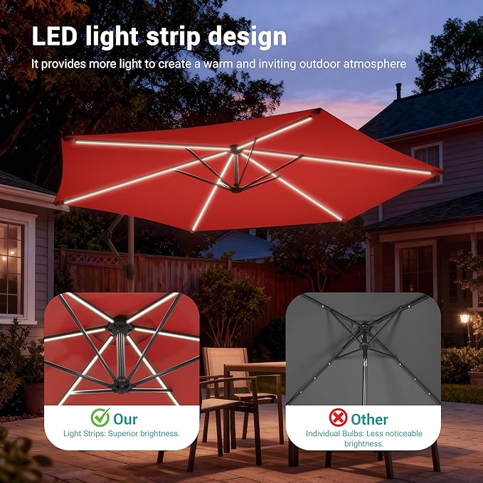 10ft Offset Patio Umbrella with Solar Light Strips,Outdoor Cantilever Hanging Umbrella with Cross Base, Fade Resistant Recycled Fabric, for Pool, Deck, Garden,Backyard,