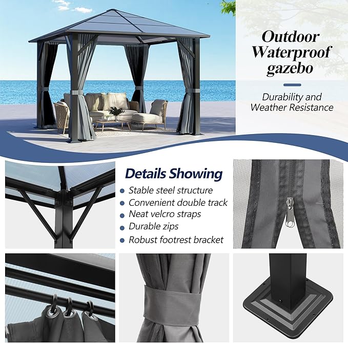 GARTOO 10’x10’ Patio Hardtop Gazebo with Polycarbonate Roof, Waterproof Outdoor Canopy Gazebo, Steel Frame Permanent Pavilion with Curtains and Netting, Perfect for Backyard, Patio, Lawn, Garden
