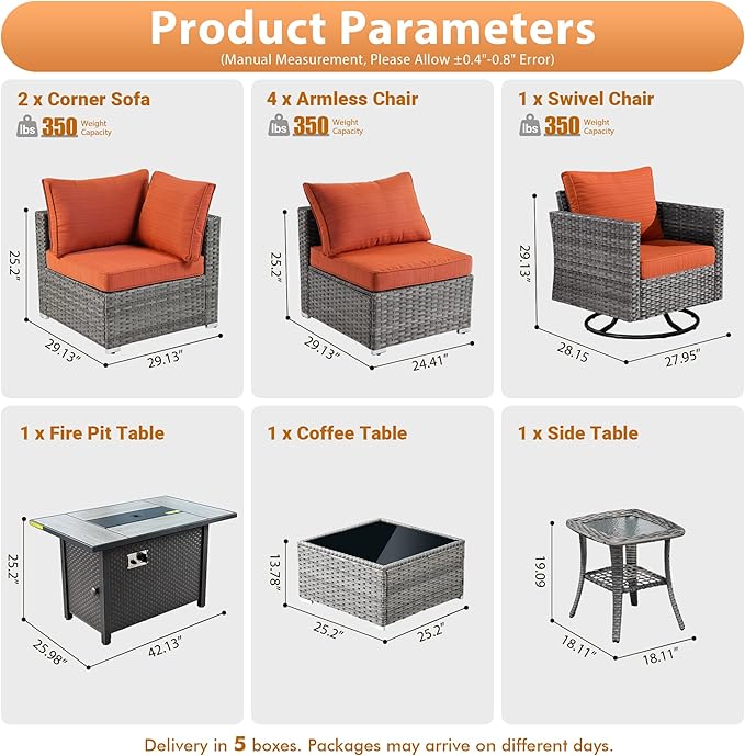 10 PCS Outdoor Patio Furniture Sets with 42'' Fire Pit Table,Wicker Weather Resistant Patio Conversation Set with Wicker Rocking Chair,Modular L Shaped Sofa with Coffee Table for Yard,Orange Red