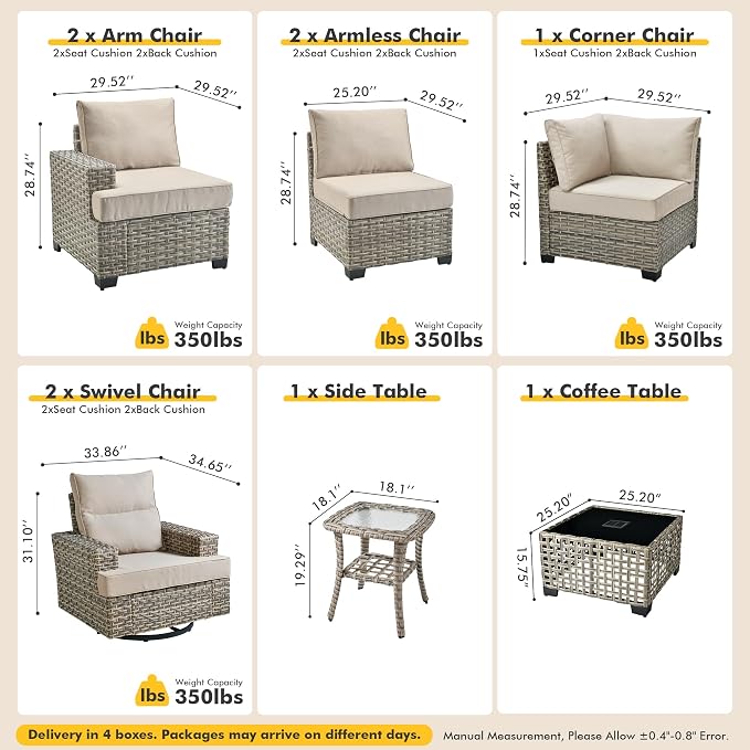 9 Pcs Outdoor Sectional Patio Furniture Set with Swivel Rocking Chairs - All Weather Wicker Modular Outside Sectional Couch,Patio Seating Outdoor Conversation Set for Deck Yard Garden,Beige