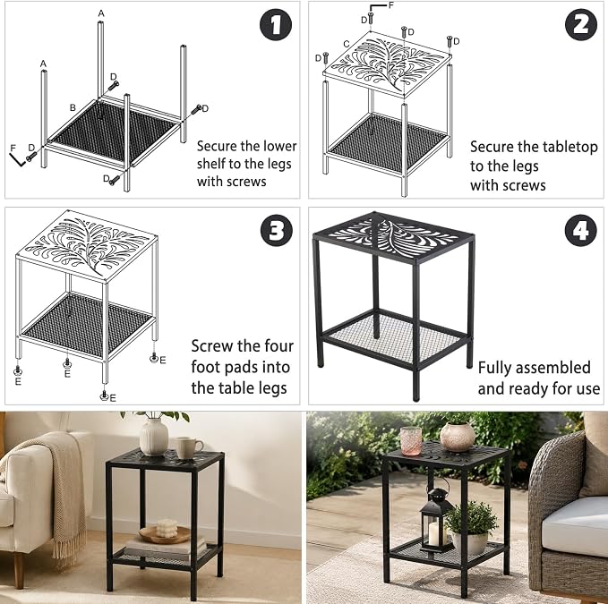 2-Tier Metal Side Table Square Small End Table with Storage Shelf Laser-Cut Leaf Pattern Accent Table Indoor Outdoor Small Space Coffee Table for Living Room, Bedroom, Patio, Plant Stand, Black