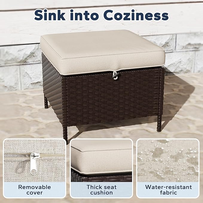 6 PCS Outdoor Conversation Set | 78" Couch, 2 Chairs, 1 Side Table, 2 Ottomans, Patio Wicker Conversation Furniture with Removable Cushions for Bistro, Deck, Sunroom (Beige)