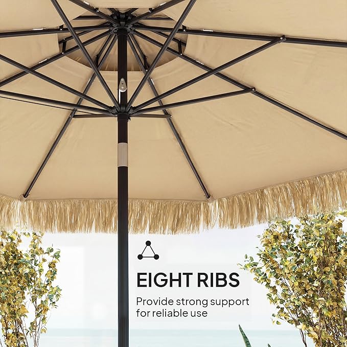 Outsunny 8.5 FT Hula Thatched Tiki Patio Umbrella, 2-Tier Tropical Hawaiian Style Outdoor Umbrella with 8 Ribs, UPF30+, for Garden, Backyard, Deck, Pool, Khaki