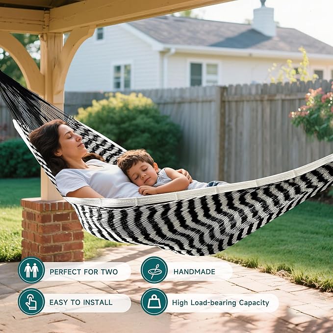 Handwoven Mayan Hammock - Breathable Open Weave for 1-2 Adults, Portable with Carry Bag by Bathonly (Backyard, Camping, Beach) - Black/White