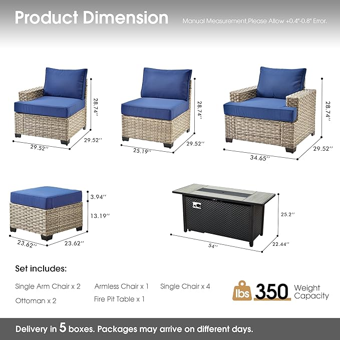Rattan Patio Furniture Set with Fire Pit,10 Pieces Outdoor Sectional with Single Chair Ottoman,Out Door Furniture Conversation Set,Navy Blue