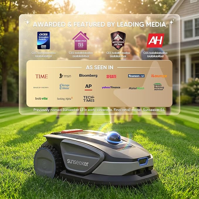 Sunseeker S4 LiDAR Robot Lawn Mower for Up to 0.25 Acre (1000 m²), Vision AI + 360° 3D LiDAR Navigation, Wire-Free Virtual Boundary, Systematic Cutting, 42% Slope, App Control, 60 dB Quiet Mowing