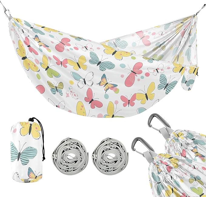 Camping Hammock Outdoor Hammocks for Outside Butterflies White Beach Trees Portable Lightweight with Pockets Tree Straps Indoor Small