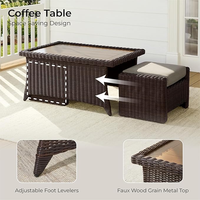 CHITA 6 Pieces Wicker Patio Furniture Set, Outdoor Conversation Set with 2 Pieces Rattan Rocking Swivel Chairs, 2 Pieces Ottomans and 3-Seater Sofa