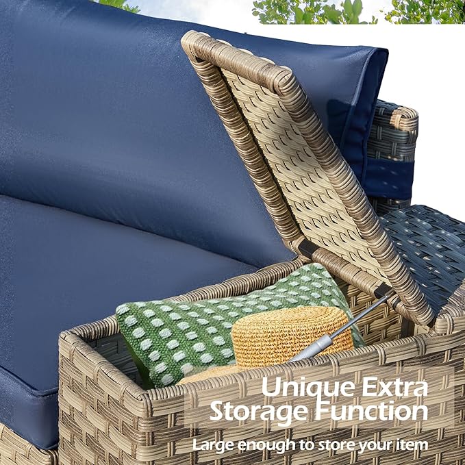 ECOTOUGE Outdoor Patio Furniture, 5 Piece Half-Moon Sectional Round Patio Set, Wicker Lazy Outdoor Sofa Set with Storage Side Table & Coffee Table for Pool Backyard Patio Garden(Blue)